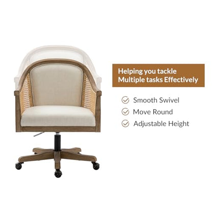 Rattan Desk Chair, Wooden Upholstered Home Office Chair, Ivory, view 6