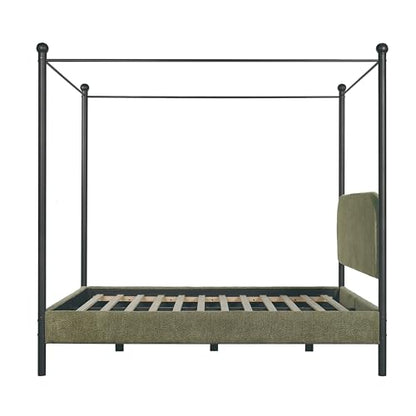 Queen Size Upholstered Canopy Bed Frame with Boucle Fabric, view 7
