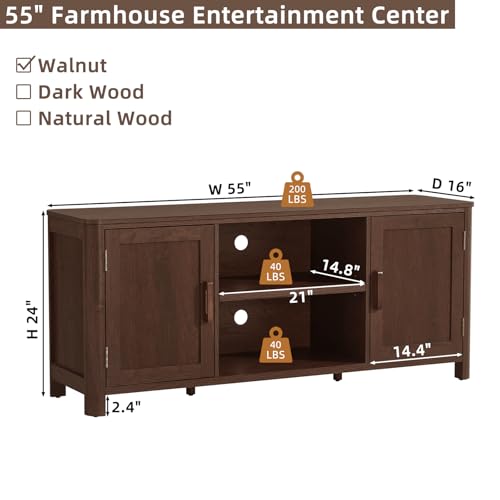 Farmhouse 55" Entertainment Center,Walnut Tv Stand with Adjustable Shelves & 2 Door Storage,Wooden Media Console Cabinet for TVs Up to 65 inches, Rustic Tv Stands for Living Room,Bedroom