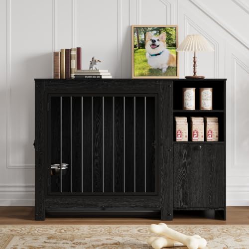 45.3" Dog Crate Furniture with Removable Tray and Rotating Bowls, view 8