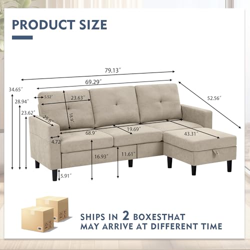 79" Convertible Sectional Sofa, Small L Shaped 3 Seat Couch with Storage Chaise and Side Pocket, Modern Polyester Fabric Reversible Sofa Couches for Living Room, Apartment and Small Space
