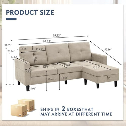 79" Convertible Sectional Sofa, Small L Shaped 3 Seat Couch with Storage Chaise and Side Pocket, Modern Polyester Fabric Reversible Sofa Couches for Living Room, Apartment and Small Space