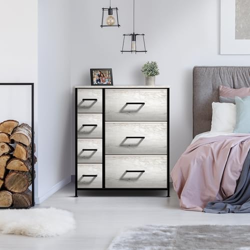 Dresser with 7 Faux Wood Drawers - Storage Unit Organizer Chest for Clothes - Bedroom, Hallway, Living Room, Closet, & Dorm Furniture - Steel Frame, Wood Top, & Easy Pull Fabric Bins