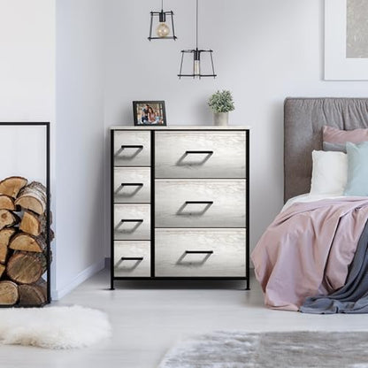 Dresser with 7 Faux Wood Drawers - Storage Unit Organizer Chest for Clothes - Bedroom, Hallway, Living Room, Closet, & Dorm Furniture - Steel Frame, Wood Top, & Easy Pull Fabric Bins