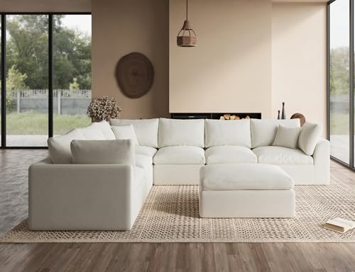 Oversized Cloud Couches for Living Room, Convertible Sectional Couch with Ottoman, 7 Seater Large Modular Sectional Sofa, Warm White
