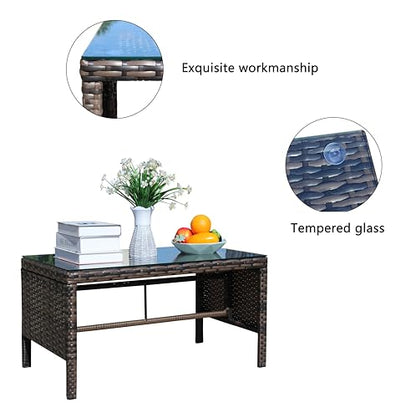 Coffee Table Outdoor Patio Furniture, Tempered Glass Top, Wicker Design, Brown, 30.75x17.5x15 Inch, Water Resistant, Assembly Required