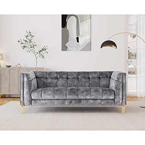 Luxury Modern Mid-Century Square Tufted Velvet Small Sofa for Living Room Bedroom Furniture, 74”W Loveseat, Deep Grey