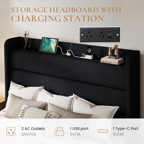 Storage Queen Bed Frame with Charging Station Headboard, Black, view 6