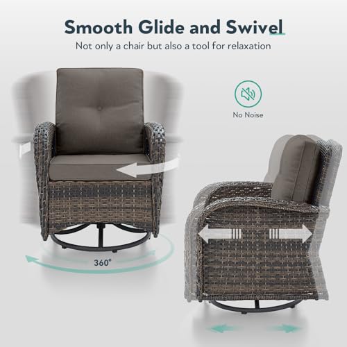 Outdoor Swivel Glider Rocker Chairs Set of 4 - Wicker Patio Furniture Set All Weather Patio Conversatio Sets with 2 Tempered Glass Side Table for Deck Backyard - Brown Wicker Grey Cushion