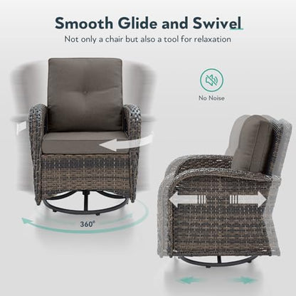 Outdoor Swivel Glider Rocker Chairs Set of 4 - Wicker Patio Furniture Set All Weather Patio Conversatio Sets with 2 Tempered Glass Side Table for Deck Backyard - Brown Wicker Grey Cushion