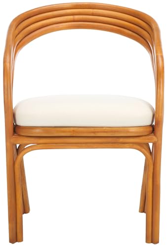 SAFAVIEH Couture Collection Jennabrook Tropical Coastal Natural Rattan/White Linen Cushion Dining Chair (Fully Assembled)