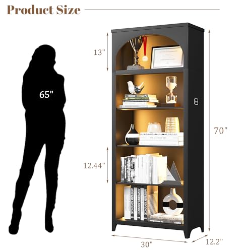 70" Arched Bookshelf with LED Lights, 5-Tier Storage for Displaying, view 3