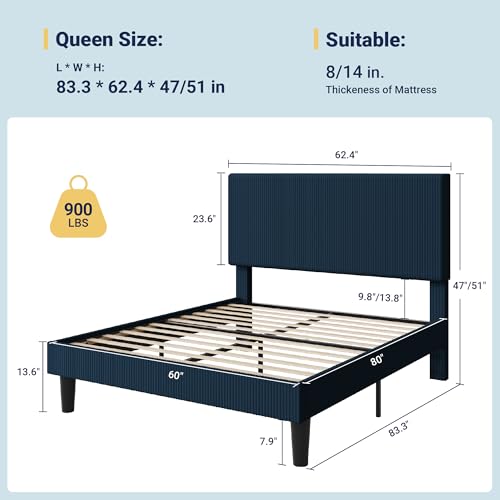 Queen Bed Frame, Corduroy Tufted Headboard, Dark Blue, view 3