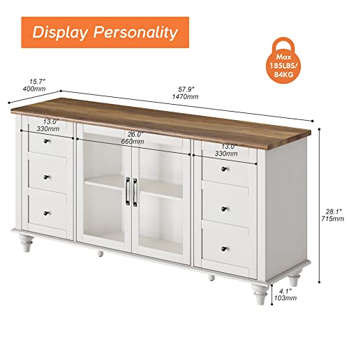 Glass Door TV Stand for 65 Inch TV with Storage Cabinet, Off White, view 4