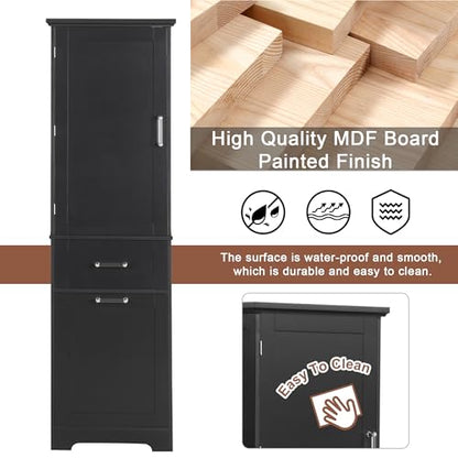 68 Inch Bathroom Storage Cabinet with Adjustable Shelf, Black | Black MDF, bathroom or office, painted finish, adjustable shelf, enclosed cabinet, anti-tip hardware, 68.4 in H