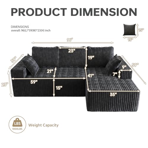 Cloud Boneless Sectional Couches with Oversized Chaise for Living Room, Modular L Shaped Couch with Deep Seat, Memory Foam Compressed 3 Seater Sofa for Apartment