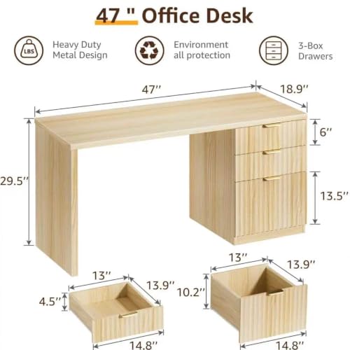 DLisiting Fluted Desk with File Drawers, 47 Inch, Light Natural Oak, view 3