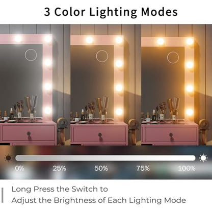 Vanity Desk with Power Outlet, Makeup Vanity with Lighted Mirror, 3 Lighting Modes Adjustable, 9 Drawers Vanity Table with Chair with Fold-up Panel, Glass Top, Dressing Table for Bedroom, Pink
