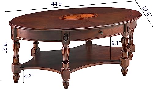 Solid Wood Oval Coffee Table with Drawer and Storage Shelf, Traditional Vintage Center Table Polished Edging Cocktail Tea Table for Living Room Bedroom Home, Cherry Walnut