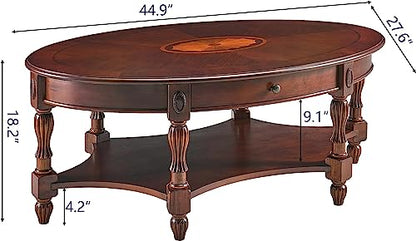 Solid Wood Oval Coffee Table with Drawer and Storage Shelf, Traditional Vintage Center Table Polished Edging Cocktail Tea Table for Living Room Bedroom Home, Cherry Walnut