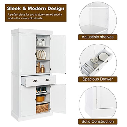 71-Inch White Storage Cabinets with Drawers, Freestanding Pantry Cabinets with Doors and Shelves Adjustable, Wood Farmhouse Kitchen Pantry Cupboard