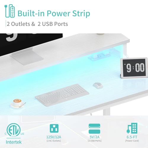 White Computer Desk with LED Lights and Power Outlets, view 7