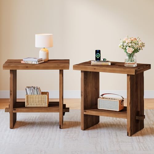 Solid Wood Side Table, Wooden End Table with Solid Base, Accent Furniture Bedside Storage for Living Room and Bedroom (2, Brown)