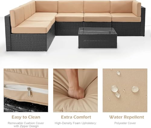 7 Piece Outdoor Patio Furniture Set, PE Rattan Patio Wicker Sectional Furniture Chair Set with Cushions and Tea Table, (Black Rattan&Beige Cushion with Cover)