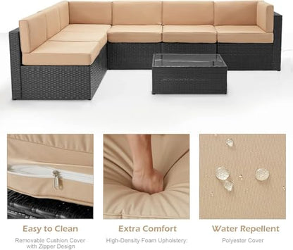 7 Piece Outdoor Patio Furniture Set, PE Rattan Patio Wicker Sectional Furniture Chair Set with Cushions and Tea Table, (Black Rattan&Beige Cushion with Cover)