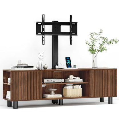 TV-Stand with Mount and Power Outlet, Fluted TV Stand for 65 70 75 Inch TV, Entertainment Center with Storage, Media Console Table for Living Room, Walnut