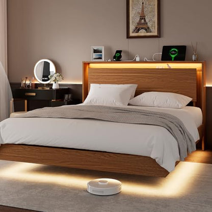 Bed Frame Queen Size with LED Lights & Charging Station – Kids Wood Floating, view 2