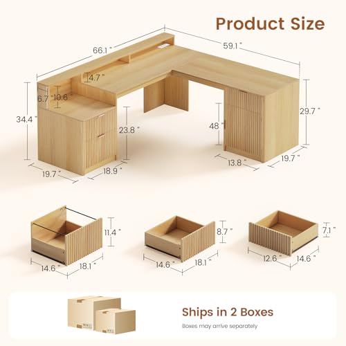 66" Modern L Shaped Desk with Drawers, Fluted Home Office Desk with File Cabinet and Printer Shelf, Wood Executive Desk with Monitor Stand, Power Outlets, Led Lights, Oak