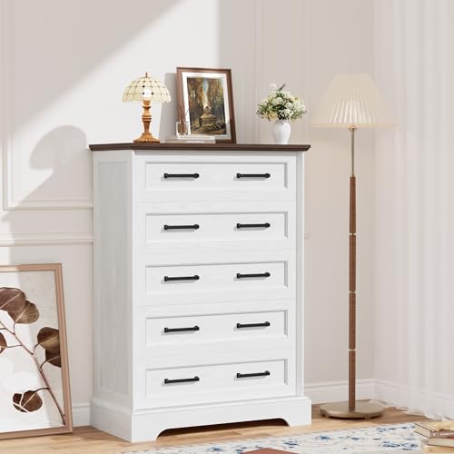 Tall Dresser for Bedroom,Farmhouse 5 Drawers Dresser, Chest of Drawer Chest, Multi-Tier Clothing Storage Cabinet, White and Brown