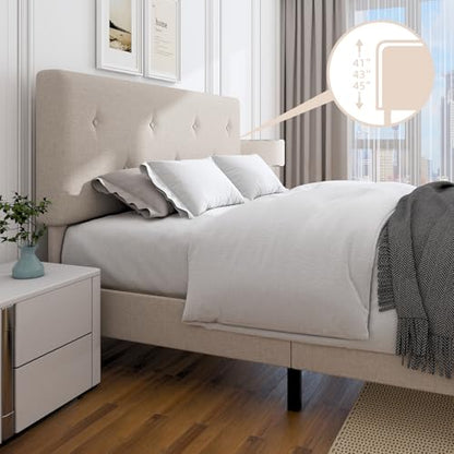 Queen Size Linen Bed Frame with Adjustable Headboard Beige, view 6