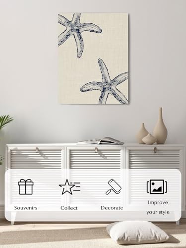 NuYeBiofx Rustic Blue Starfish on Vintage Linen Canvas Wall Art Prints,40"x28" Framed Picture Artwork Marine Life Printed Canvas Oil Painting for Living Room Bedroom Office,Ready to Hang