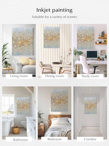 NuYeBiofx Summer Starfish Shell Conch Canvas Wall Art Prints,30"x20" Framed Picture Artwork Beach Flower Blue Wood Board Printed Canvas Oil Painting for Living Room Bedroom Office,Ready to Hang