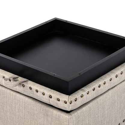 18 Inch High Cube Ottoman Storage, Linen Beige Chair Foot Stools with Tray, Upholstered Vanity Stool with Solid Wood Legs