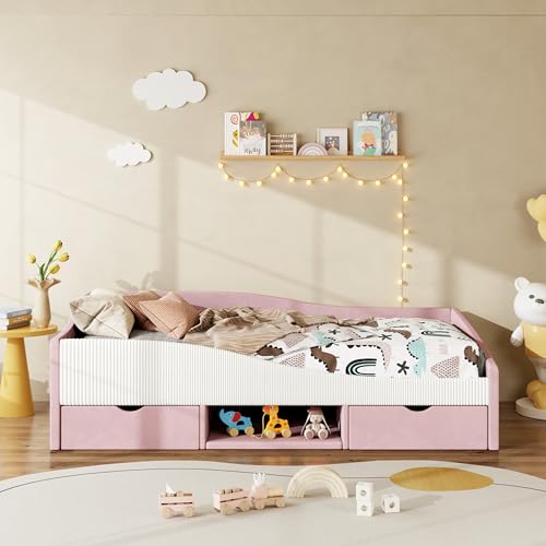 JIVOIT Twin Size Upholstered Daybed, 2 Storage Drawers, Padded Shelf, Guardrail (Pink/ Twin,82)