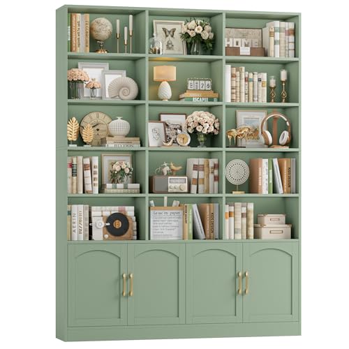 82.3" Triple Wide Bookshelf, 7-Tier Tall Bookcase with 15-Cube Open Bookshelf & 4 Doors, Large Bookshelf with Storage Cabinet, Modern Bookshelf for Living Room, Office, Study Room, Green