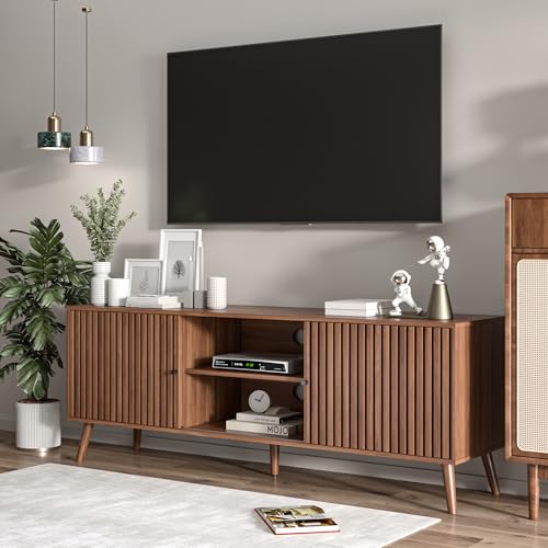 Mid Century Modern TV Stand for Televisions up to 70 Inches, with Sliding Doors and Storage, Television Stands, TV Consoles, Media Consoles for Living Room, 63 Inch (Walnut)