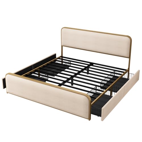 Metal Platform Bed King Size with Curved Upholstered Headboard and Footboard, view 7