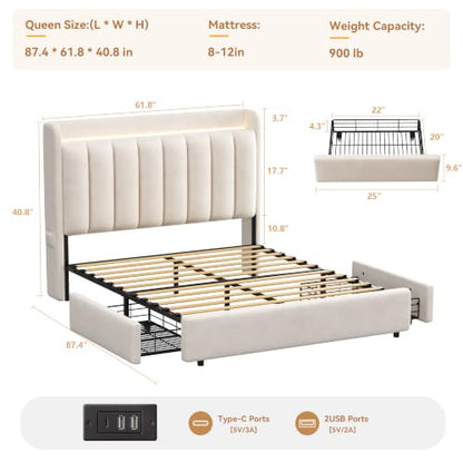 Queen Bed Frame with 2 Reversible Storage Drawers, view 3
