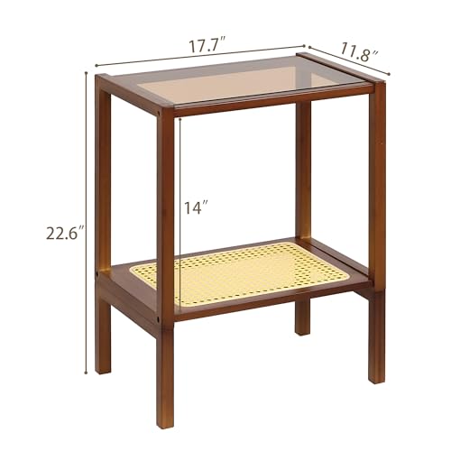 2-Tier Bamboo Side Table, Modern Glasstop Rattan Side Table, Mid Century Wood Sofa-Side End Tables for Living Room, Bedroom Night Stand with Storage, Small Narrow Coffee Tables, Walnut