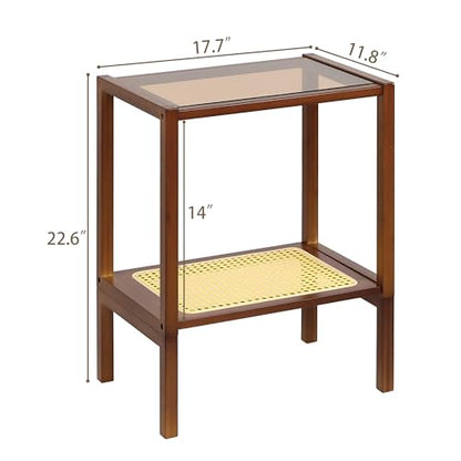 2-Tier Bamboo Side Table, Modern Glasstop Rattan Side Table, Mid Century Wood Sofa-Side End Tables for Living Room, Bedroom Night Stand with Storage, Small Narrow Coffee Tables, Walnut