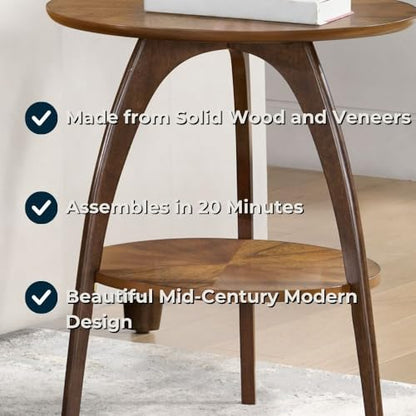 Retro Mid-Century Modern Round Wood End Table, Solid Grain Side Table with Lower Shelf, Small Accent Table for Living Room or Nightstand. Nutmeg Brown Top with Espresso Brown Legs