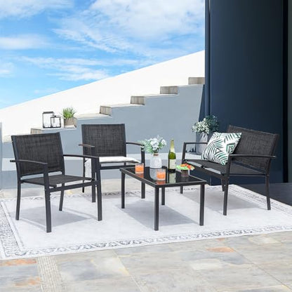 4 Pieces Patio Furniture Set Outdoor Conversation Textilene Fabric Chairs for Lawn, Garden, Balcony, Poolside with A Glass Coffee Table, Black