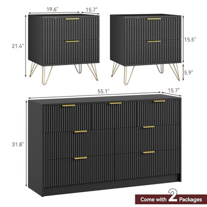 7 Drawer Dresser and Nightstand Sets for Bedroom, 3 Pcs Bedroom Set，Night Stand Set of 2 & 7 Drawer Dresser with Gold Handles, Modern Wood Chest of Drawers Storage Cabinet Set, Black