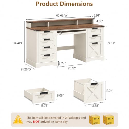 60" Farmhouse Executive Desk with 8 Drawers, White and Brown, view 3