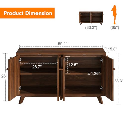 59" Sideboard Buffet Cabinet with Storage, Modern Credenza, Brown, view 3