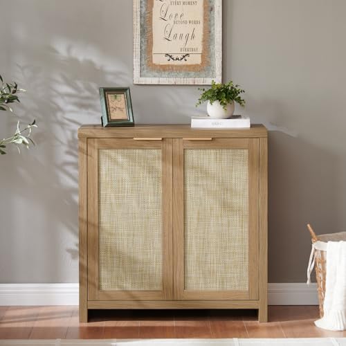 Hampstead Storage Sideboard Cabinet with Rattan Doors and Adjustable Shelves, Buffet Kitchen Cabinet Cupboard Console for Living Room